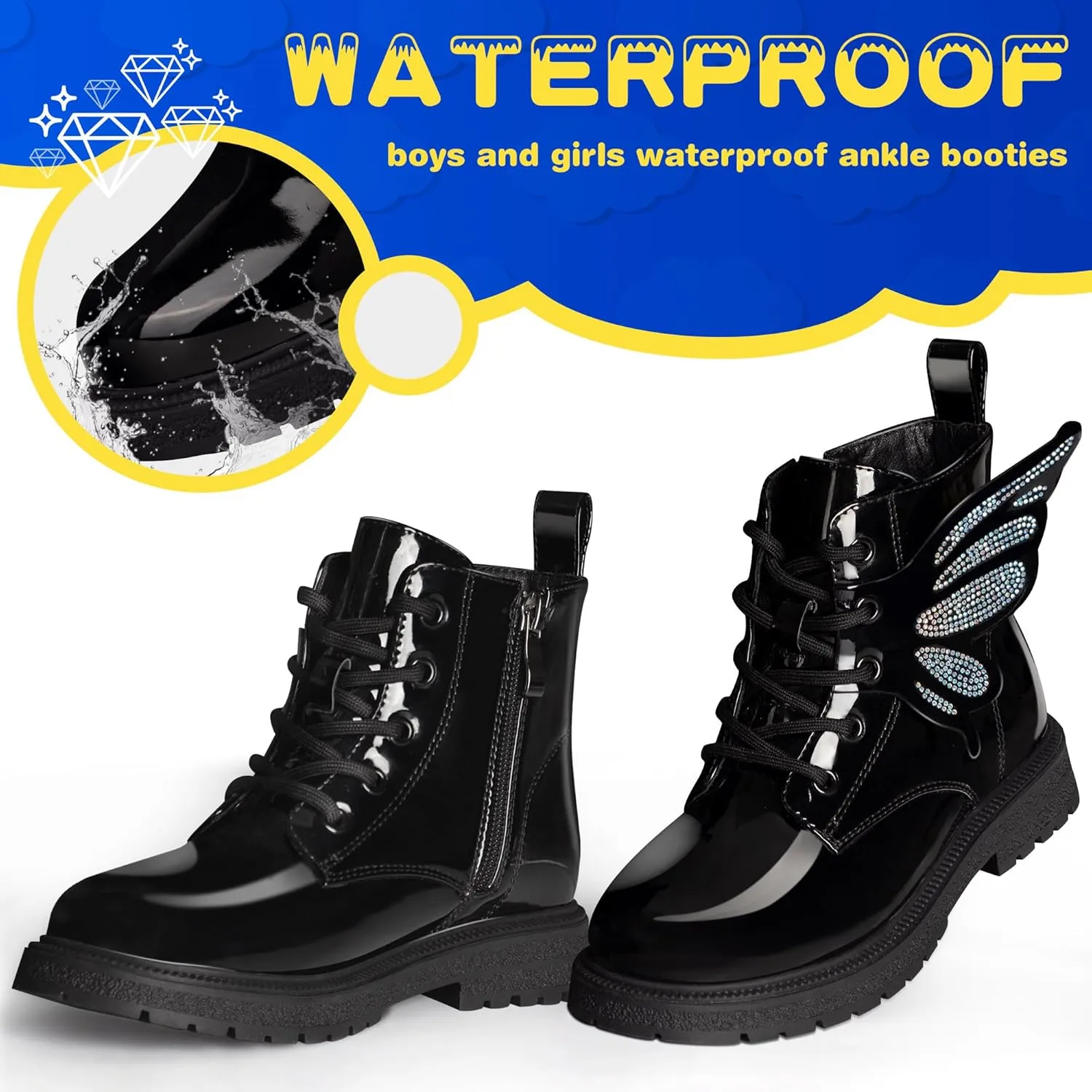 Boys Girls Combat Boots Fashion Rhinestone Wings Side Zipper Waterproof Comfortable Dress Combat Boots