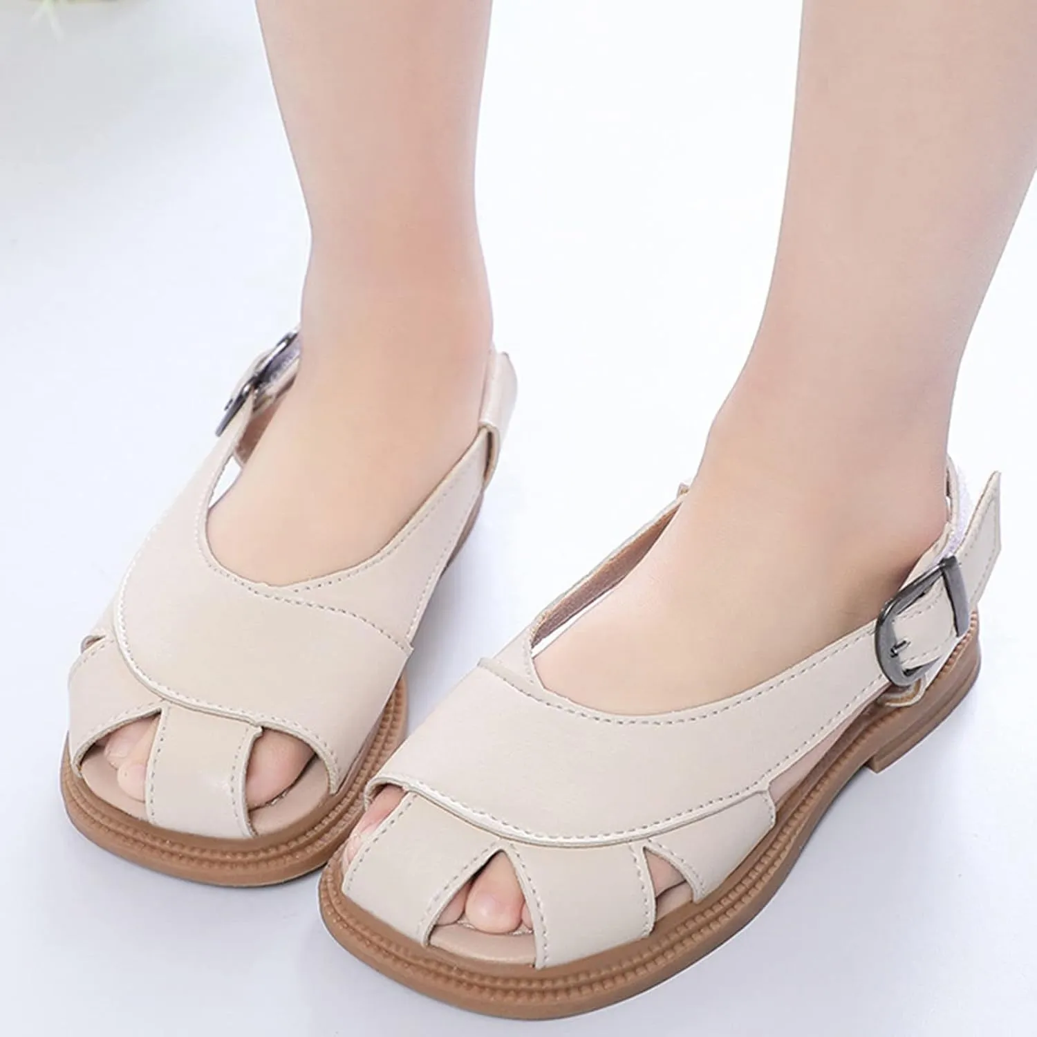 Boys Girls Leather Soft Closed Toe Sandals Lightweight Hollow Outdoor Beach Sport Water Shoes Kids Summer Sandals