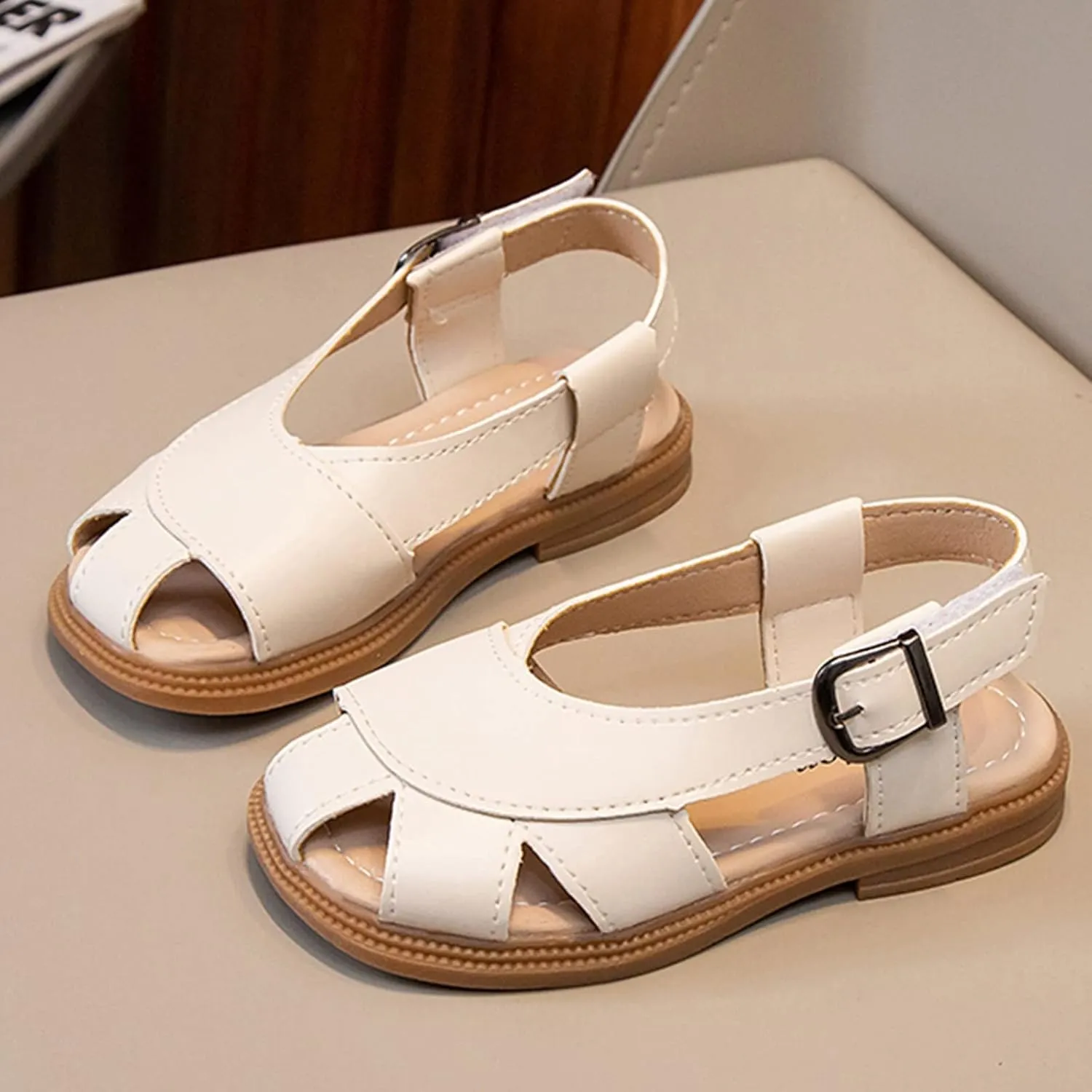 Boys Girls Leather Soft Closed Toe Sandals Lightweight Hollow Outdoor Beach Sport Water Shoes Kids Summer Sandals