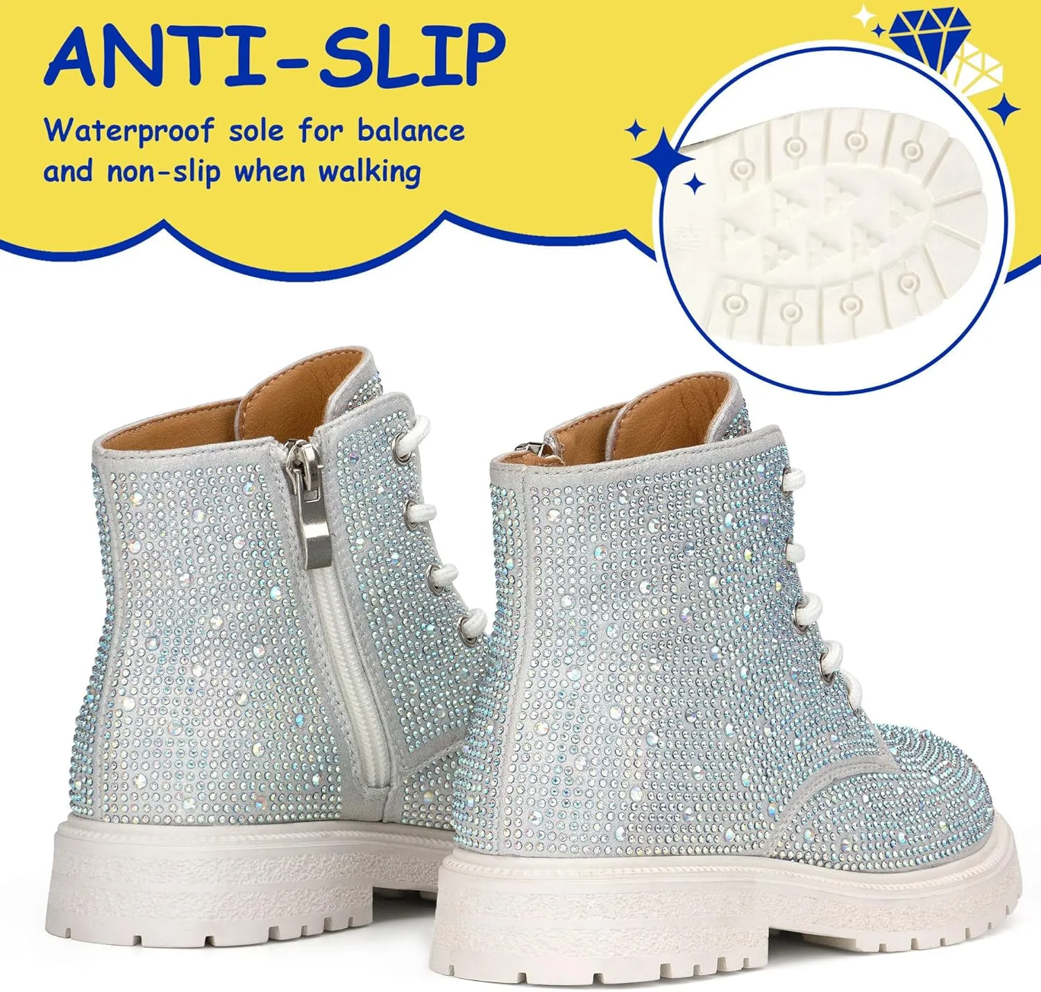 Boys Girls Rhinestone Combat Boots Side Zipper Lace Up Comfortable Fashion Dress Combat Boots