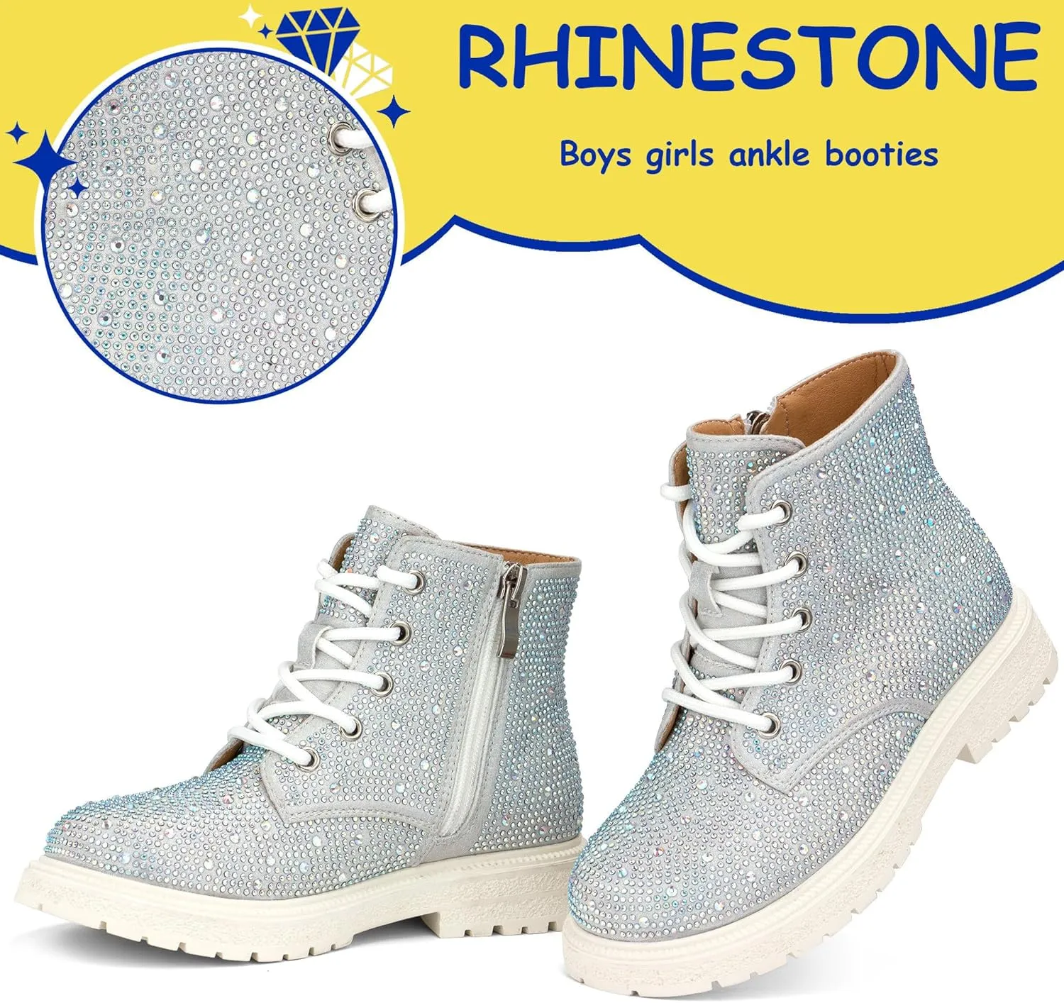 Boys Girls Rhinestone Combat Boots Side Zipper Lace Up Comfortable Fashion Dress Combat Boots