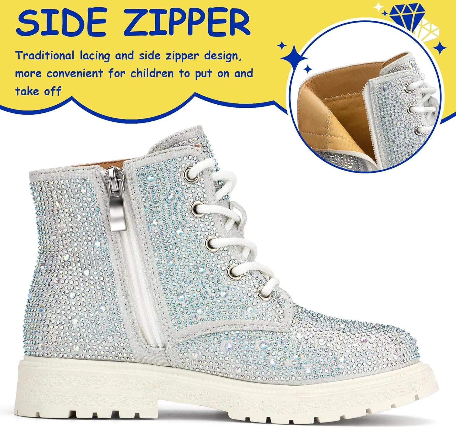 Boys Girls Rhinestone Combat Boots Side Zipper Lace Up Comfortable Fashion Dress Combat Boots