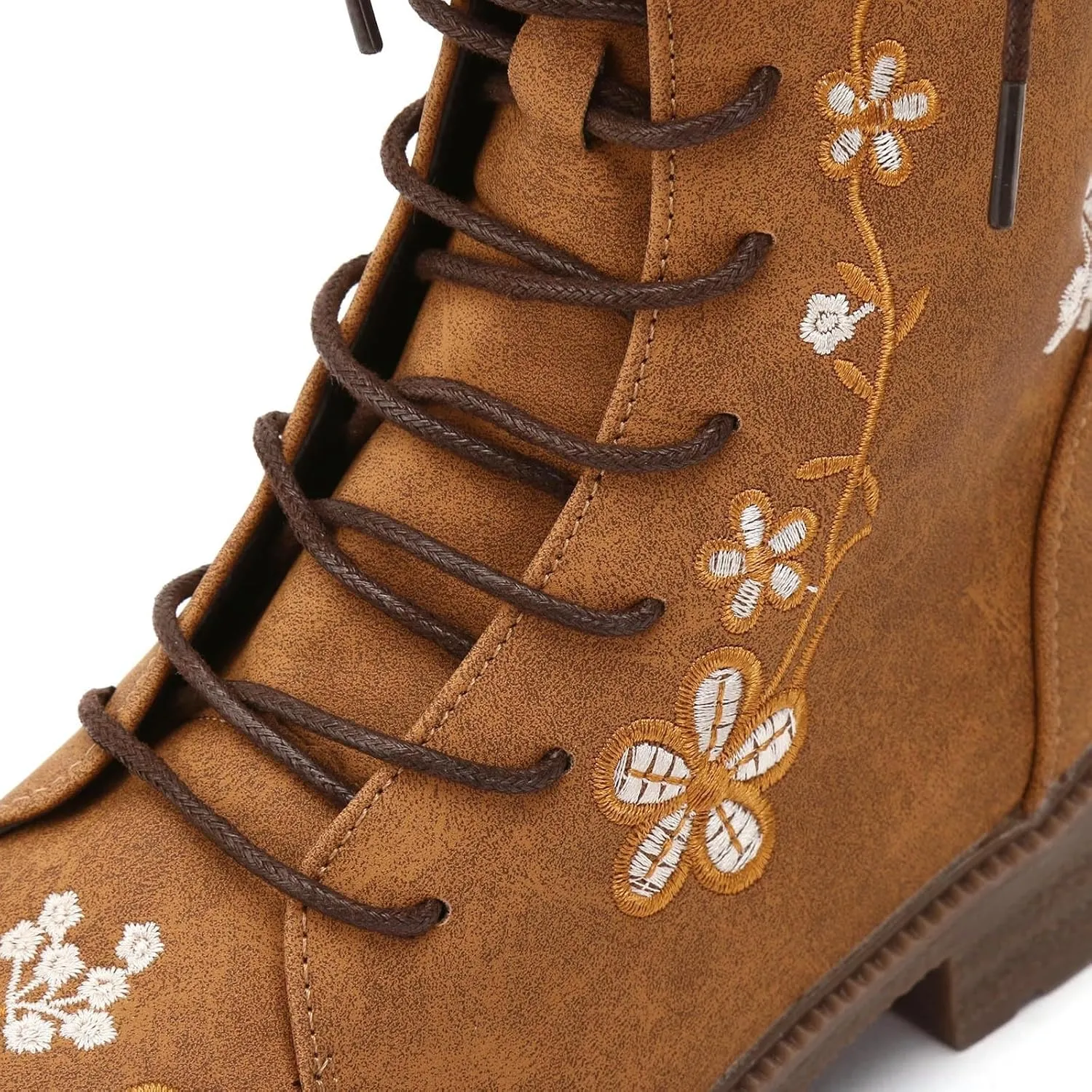 Cathalem Combat Boots For Women Ethnic Vintage Flower Design Lace Up Leather Chunky Block Mid Heels Ankle Booties