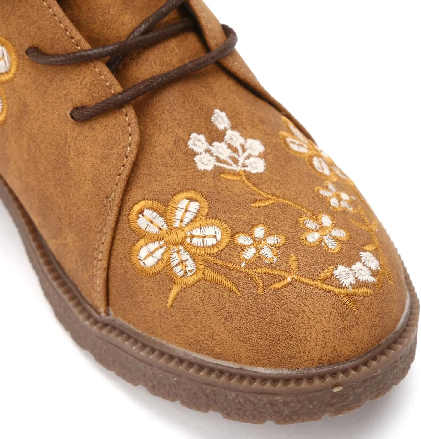 Cathalem Combat Boots For Women Ethnic Vintage Flower Design Lace Up Leather Chunky Block Mid Heels Ankle Booties