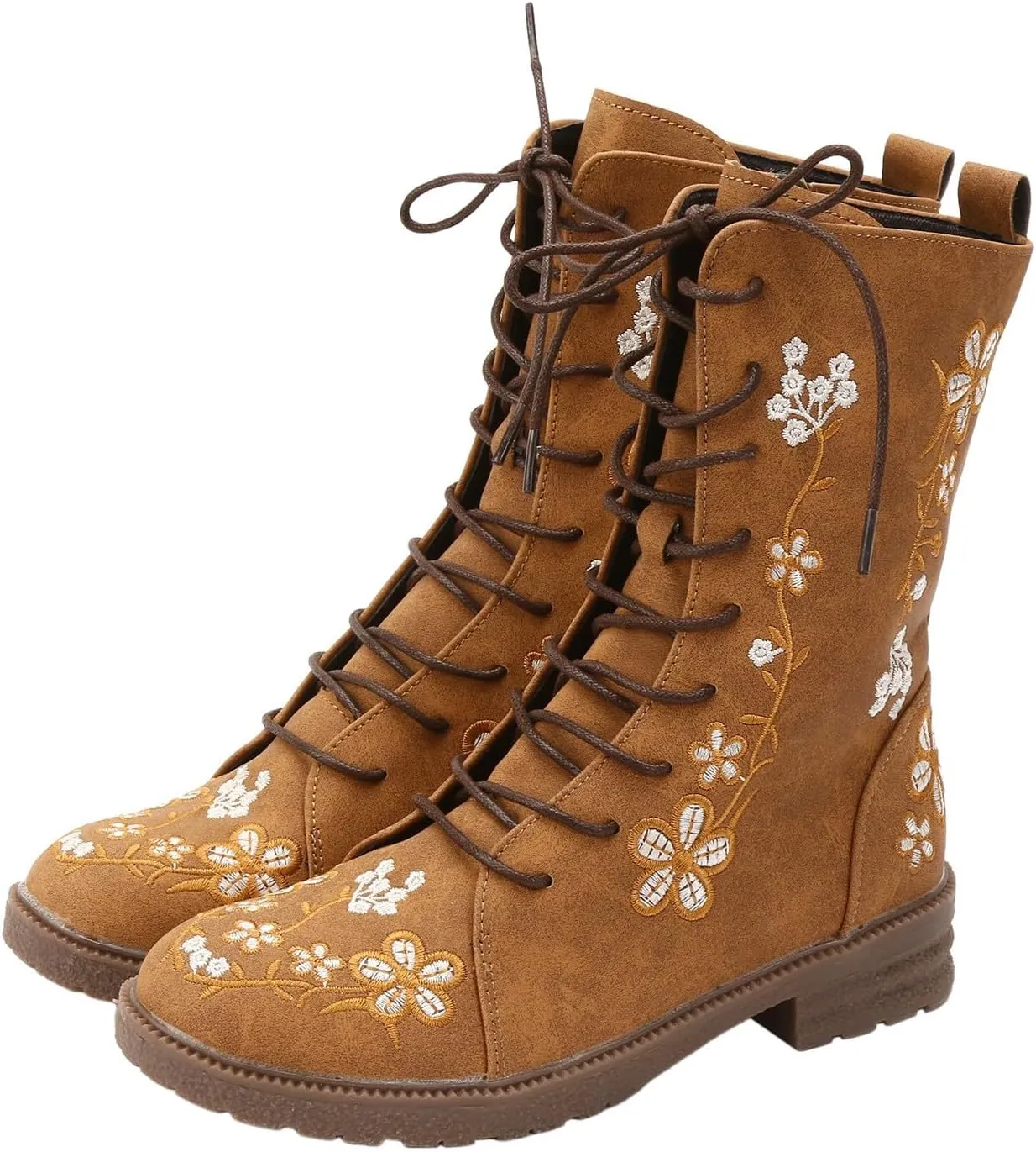 Cathalem Combat Boots For Women Ethnic Vintage Flower Design Lace Up Leather Chunky Block Mid Heels Ankle Booties