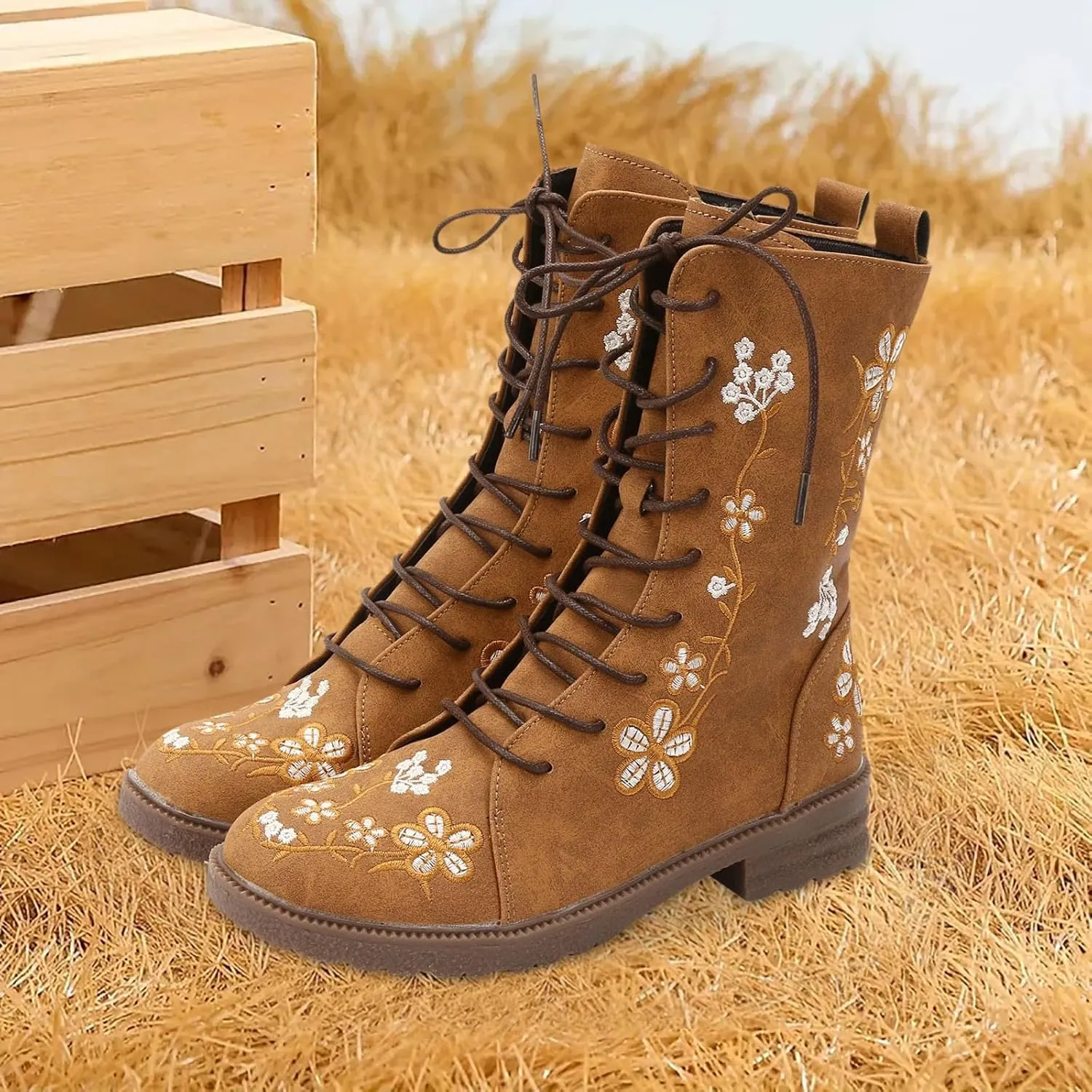 Cathalem Combat Boots For Women Ethnic Vintage Flower Design Lace Up Leather Chunky Block Mid Heels Ankle Booties