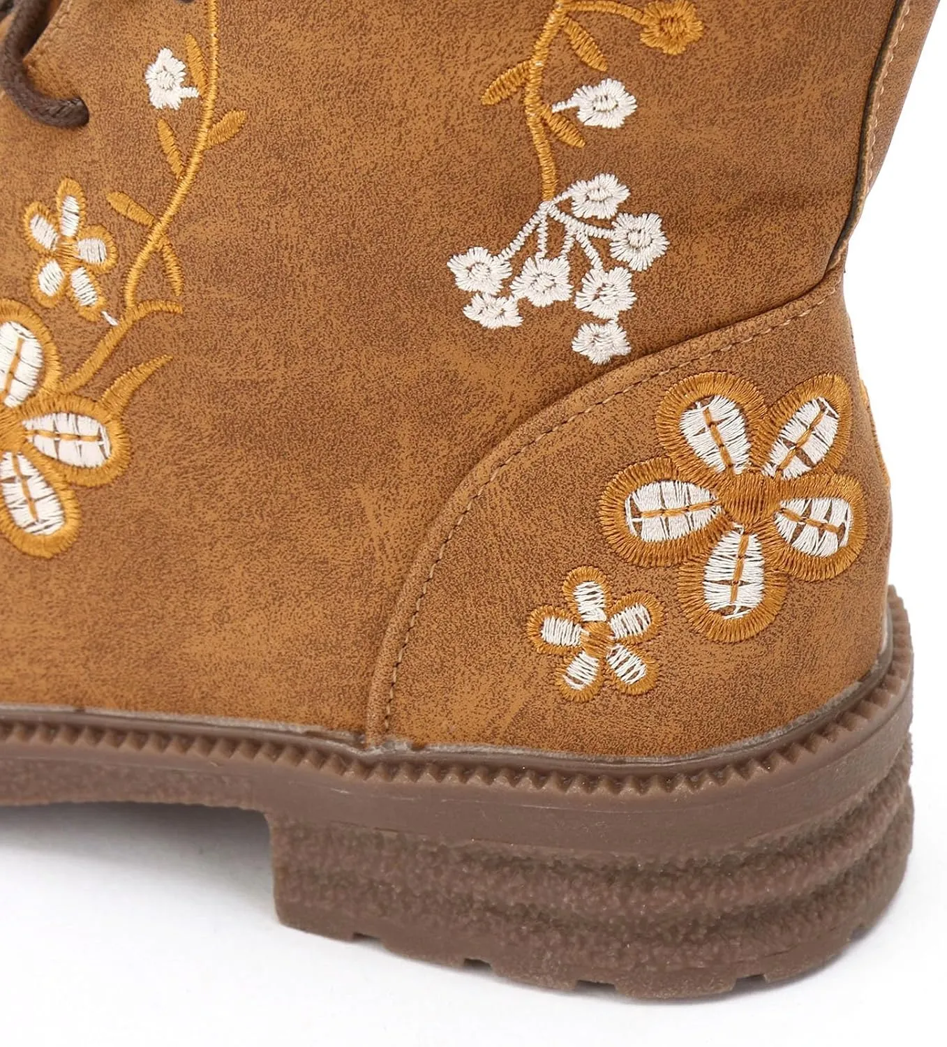 Cathalem Combat Boots For Women Ethnic Vintage Flower Design Lace Up Leather Chunky Block Mid Heels Ankle Booties