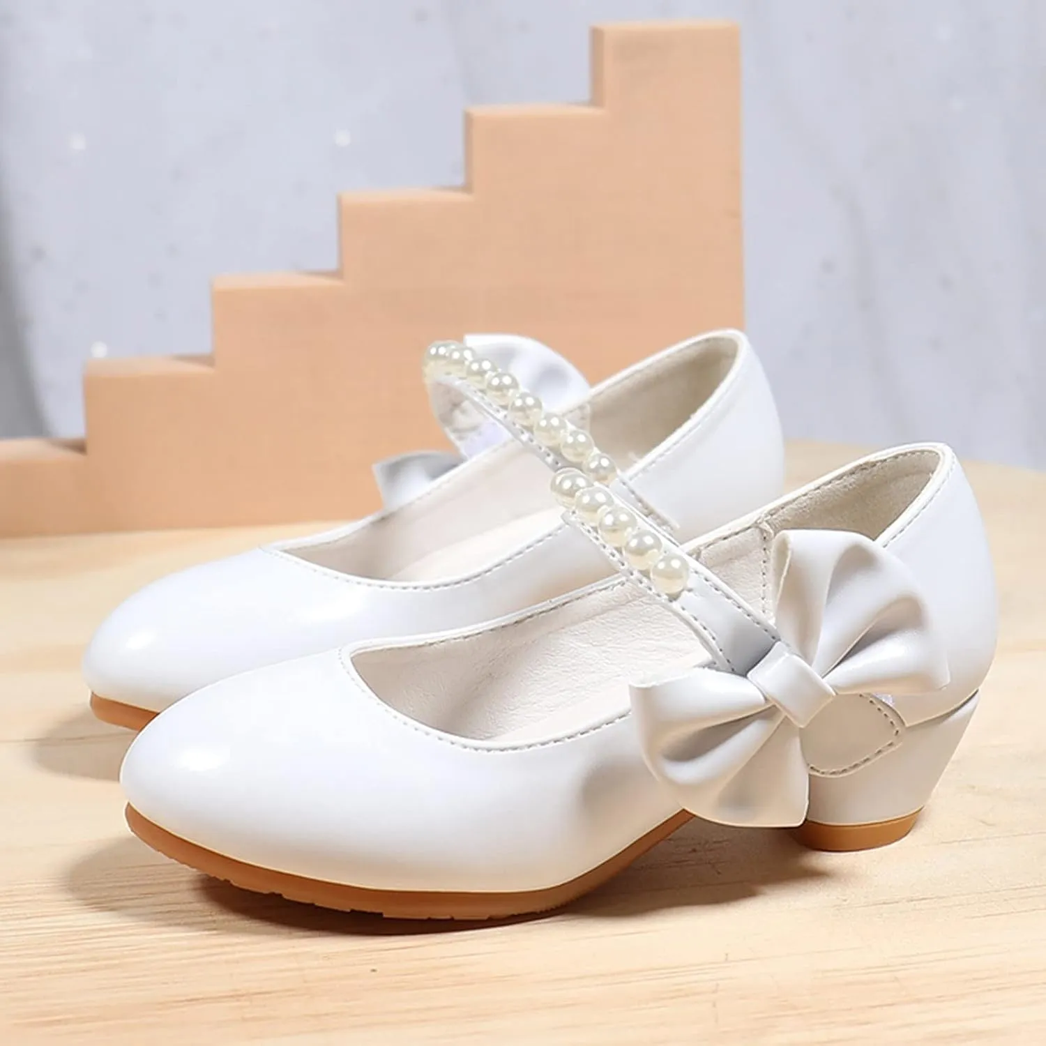 Children Leather Shoes White Bow Knot Spring Autumn Girls High Heel Princess Tennis Shoes Size 1