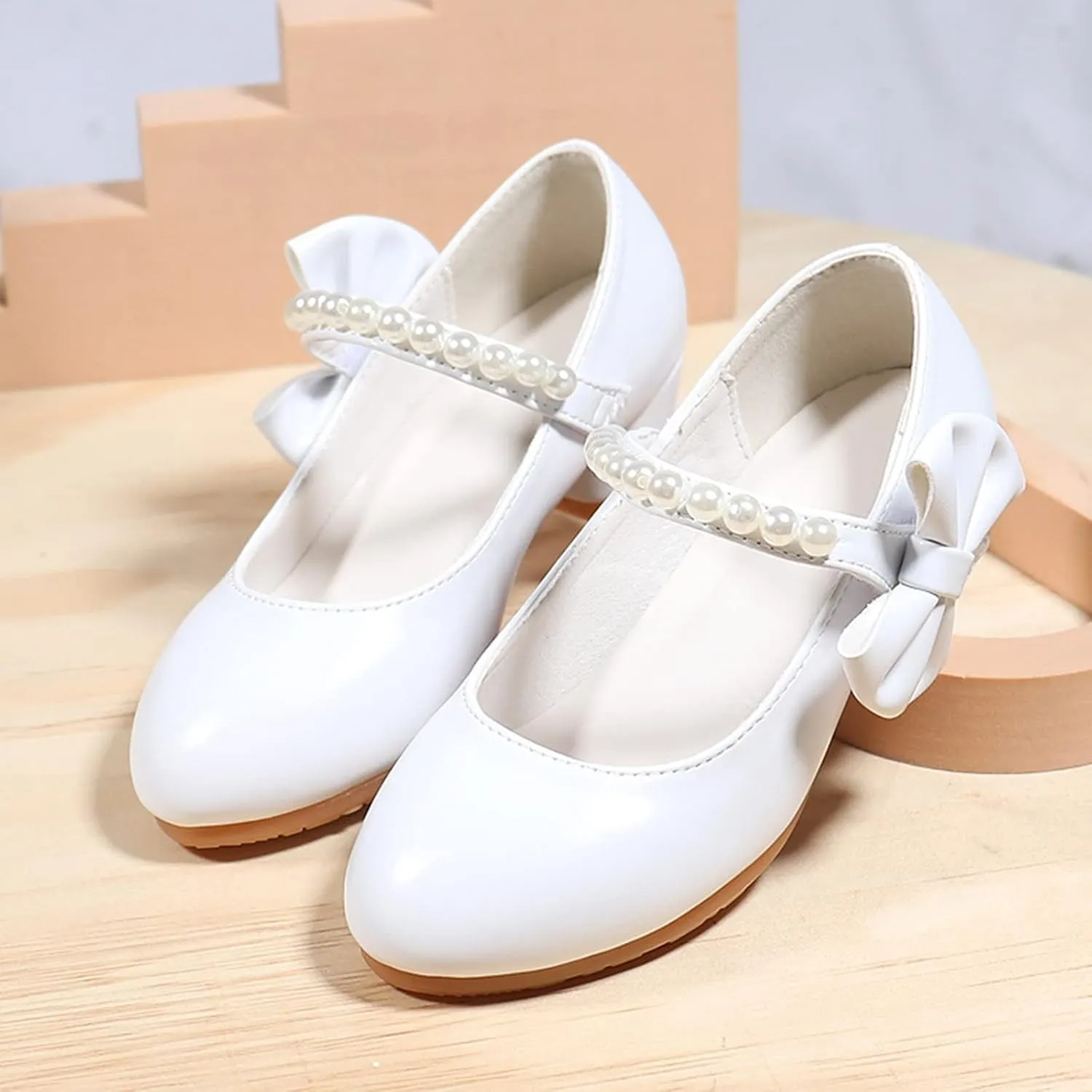 Children Leather Shoes White Bow Knot Spring Autumn Girls High Heel Princess Tennis Shoes Size 1