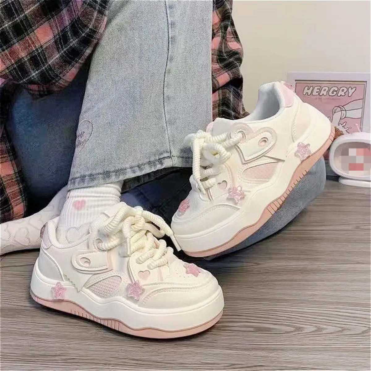 Chunky Platform Sneakers for Women 3D Pink Stars Walking Skate Shoes with Heart Sport, Travel Casual Fit Well for Girl