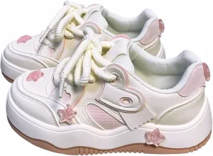 Chunky Platform Sneakers for Women 3D Pink Stars Walking Skate Shoes with Heart Sport, Travel Casual Fit Well for Girl