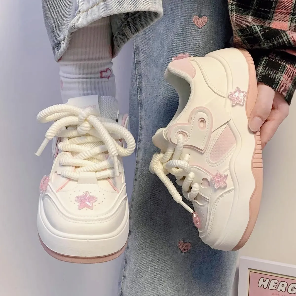 Chunky Platform Sneakers for Women 3D Pink Stars Walking Skate Shoes with Heart Sport, Travel Casual Fit Well for Girl