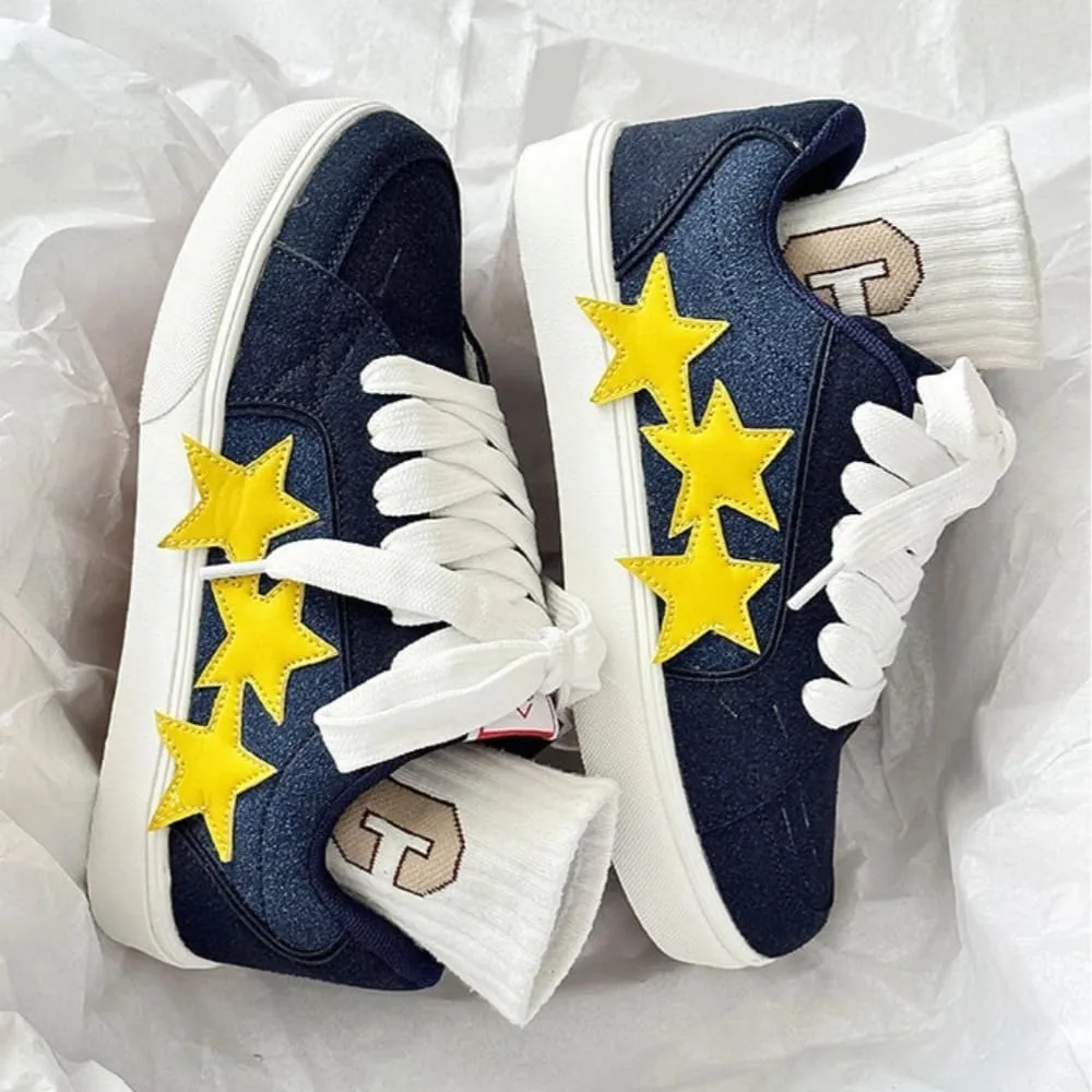 Chunky Sneakers Women, 3 Star Patch, Chunky Laces, Contrast Color, Round Toe, Height Boost, Y2K Street Platform Shoes