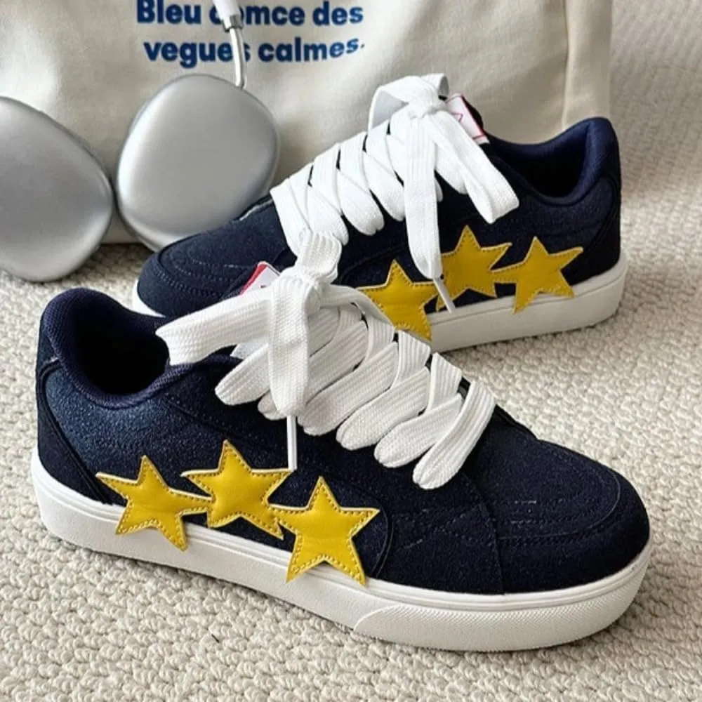 Chunky Sneakers Women, 3 Star Patch, Chunky Laces, Contrast Color, Round Toe, Height Boost, Y2K Street Platform Shoes