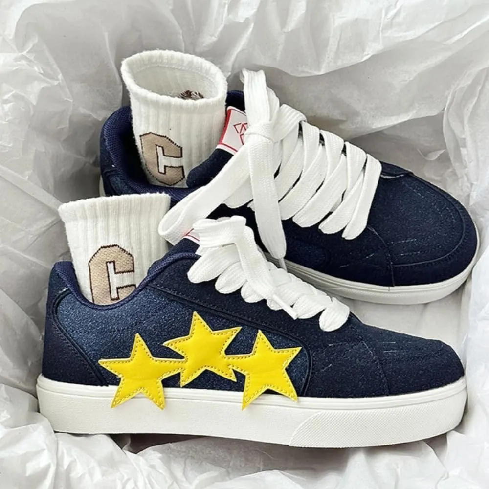 Chunky Sneakers Women, 3 Star Patch, Chunky Laces, Contrast Color, Round Toe, Height Boost, Y2K Street Platform Shoes