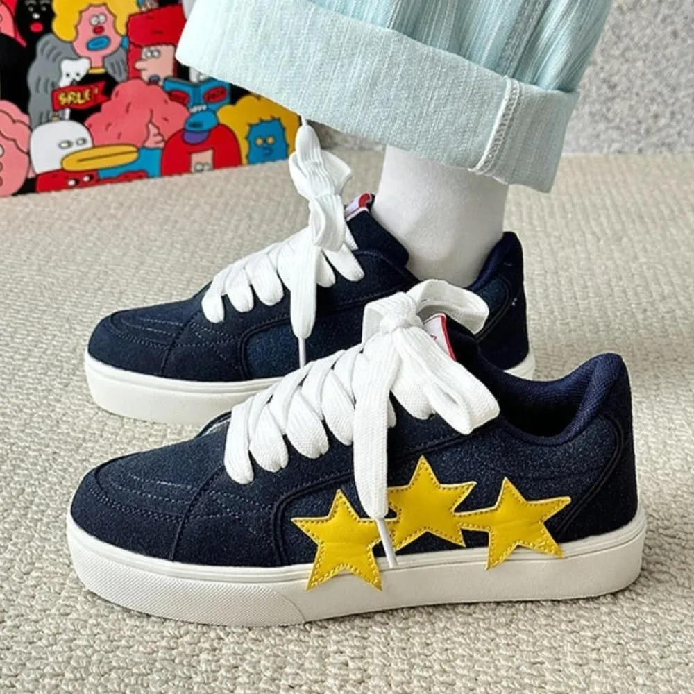 Chunky Sneakers Women, 3 Star Patch, Chunky Laces, Contrast Color, Round Toe, Height Boost, Y2K Street Platform Shoes