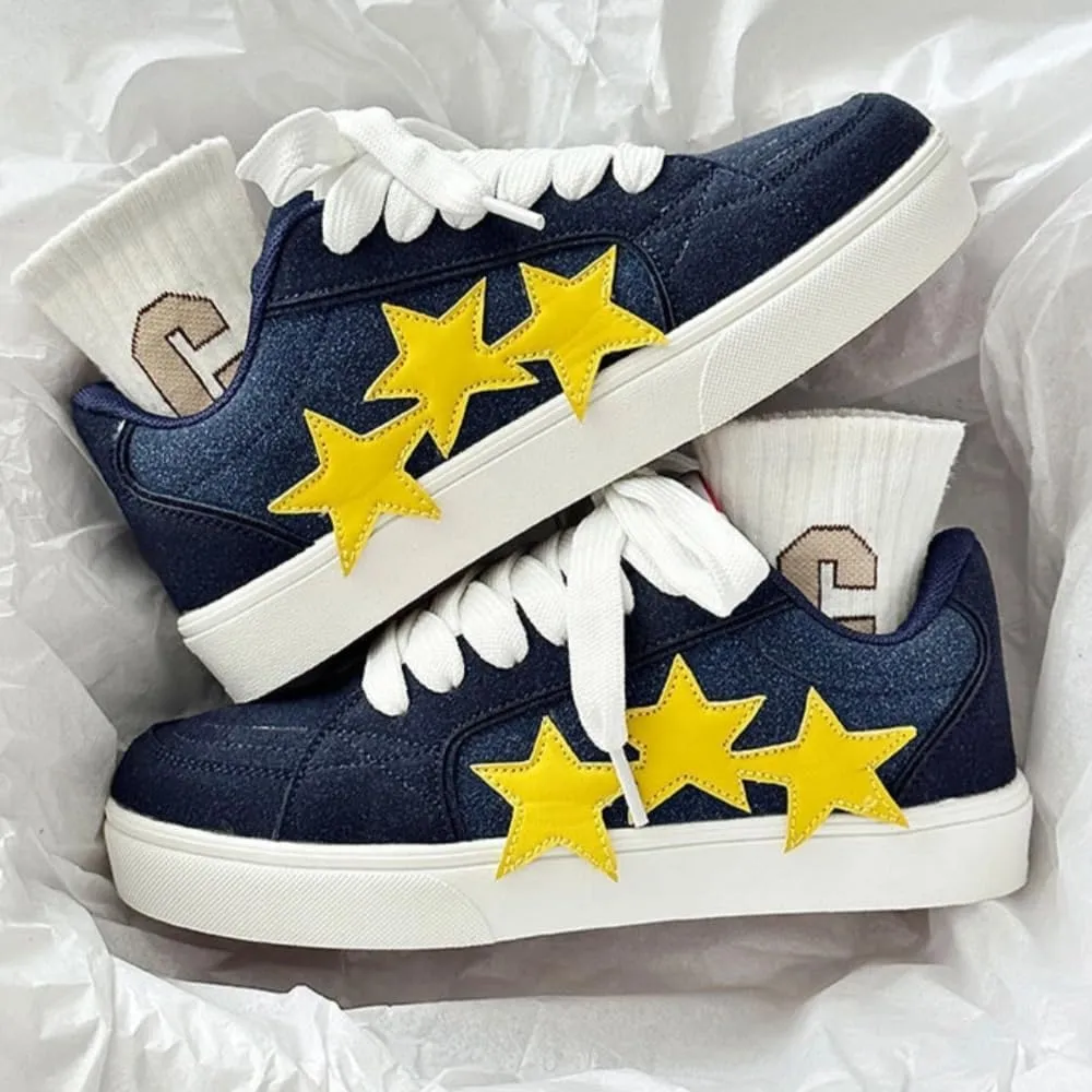Chunky Sneakers Women, 3 Star Patch, Chunky Laces, Contrast Color, Round Toe, Height Boost, Y2K Street Platform Shoes