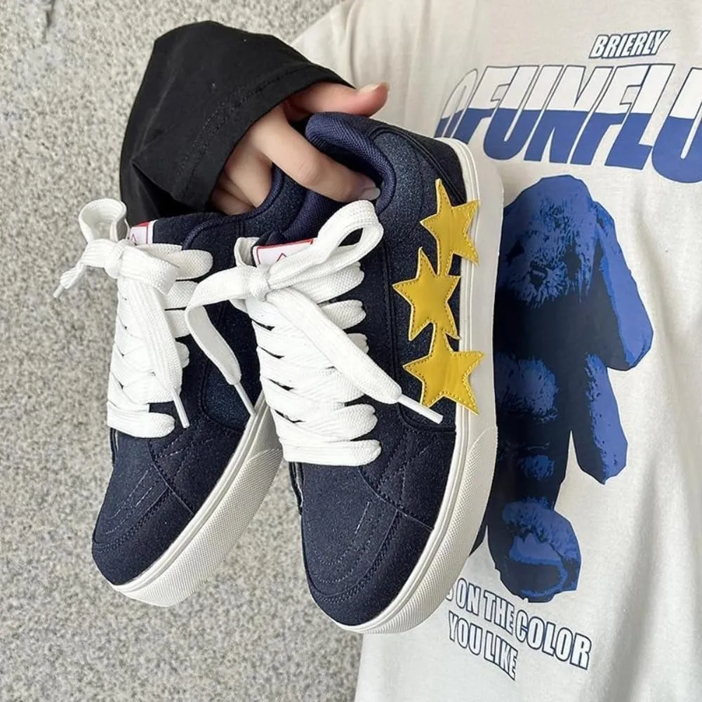 Chunky Sneakers Women, 3 Star Patch, Chunky Laces, Contrast Color, Round Toe, Height Boost, Y2K Street Platform Shoes