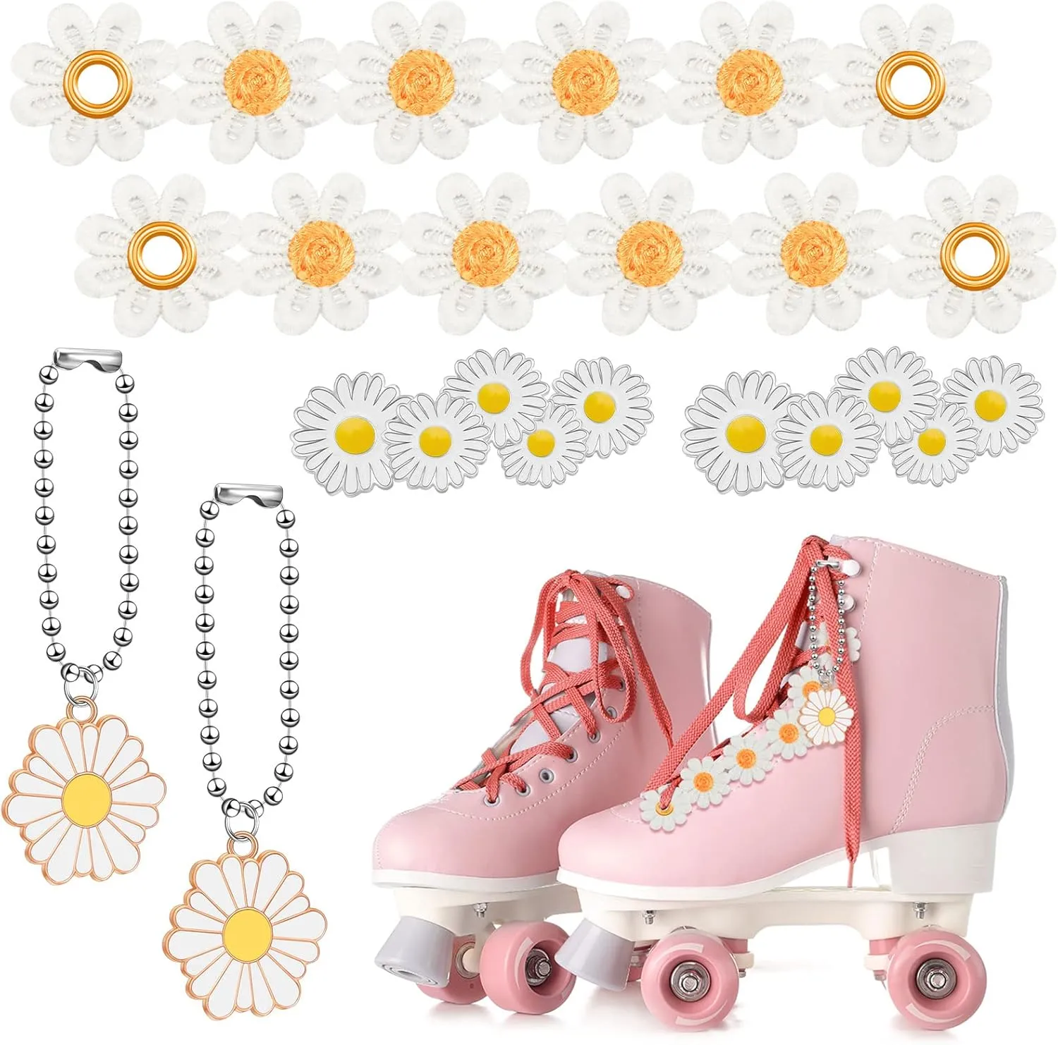 Cindeer 6 Pieces Roller Skate Shoes Charm Clips Skate Shoes Lace Daisies Accessories for Women Sneakers Shoelaces Daisies Clips Decorations and Set Casual Birthday Party Decor