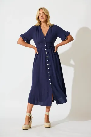 Daysia Midi Dress in Navy Linen Blend