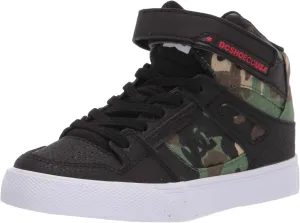 DC Boy's Pure High Top EV Skate Shoes with Ankle Strap and Elastic Laces, Black Camo, 5.5 Big Kid