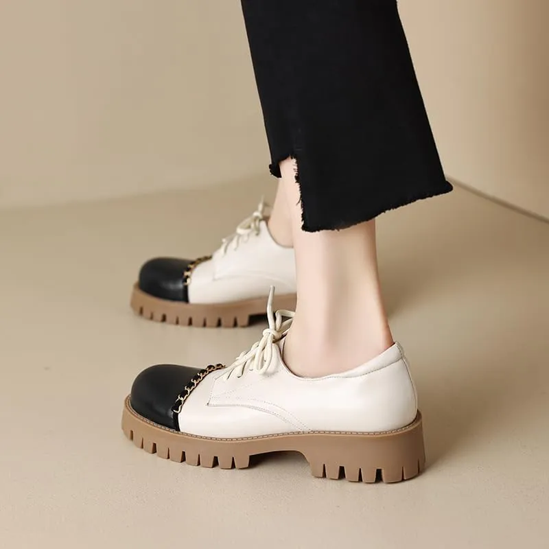 Elbslutt Platform Chunky Oxford Shoes for Women Classic Lace Up Dress Low Flat Heel Oxford Round Toe Leather Work Office Non Slip Dress Shoes Comfortable Casual Dress Oxford Shoes