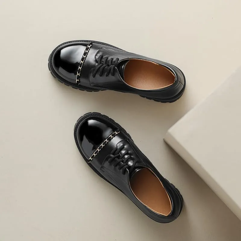 Elbslutt Platform Chunky Oxford Shoes for Women Classic Lace Up Dress Low Flat Heel Oxford Round Toe Leather Work Office Non Slip Dress Shoes Comfortable Casual Dress Oxford Shoes
