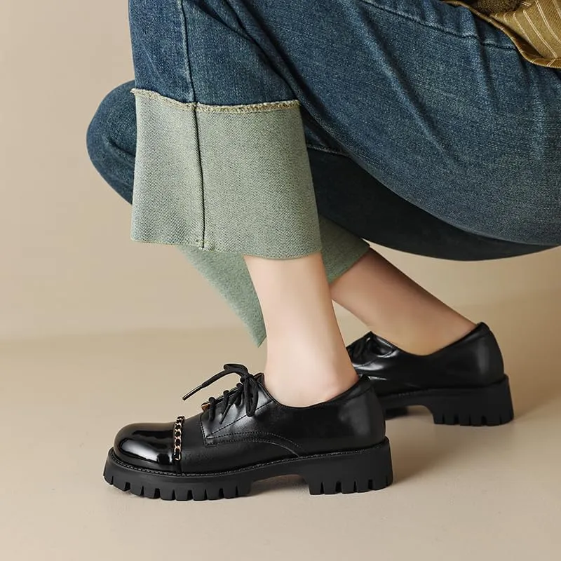 Elbslutt Platform Chunky Oxford Shoes for Women Classic Lace Up Dress Low Flat Heel Oxford Round Toe Leather Work Office Non Slip Dress Shoes Comfortable Casual Dress Oxford Shoes