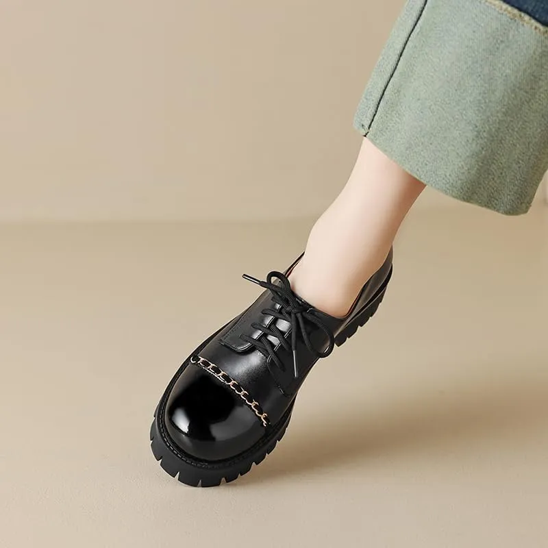 Elbslutt Platform Chunky Oxford Shoes for Women Classic Lace Up Dress Low Flat Heel Oxford Round Toe Leather Work Office Non Slip Dress Shoes Comfortable Casual Dress Oxford Shoes