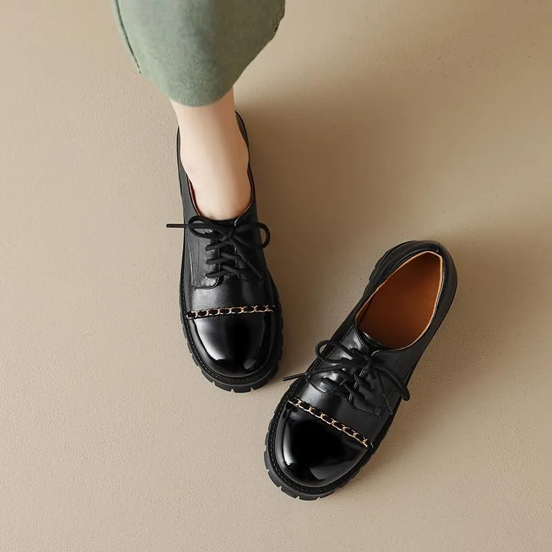 Elbslutt Platform Chunky Oxford Shoes for Women Classic Lace Up Dress Low Flat Heel Oxford Round Toe Leather Work Office Non Slip Dress Shoes Comfortable Casual Dress Oxford Shoes