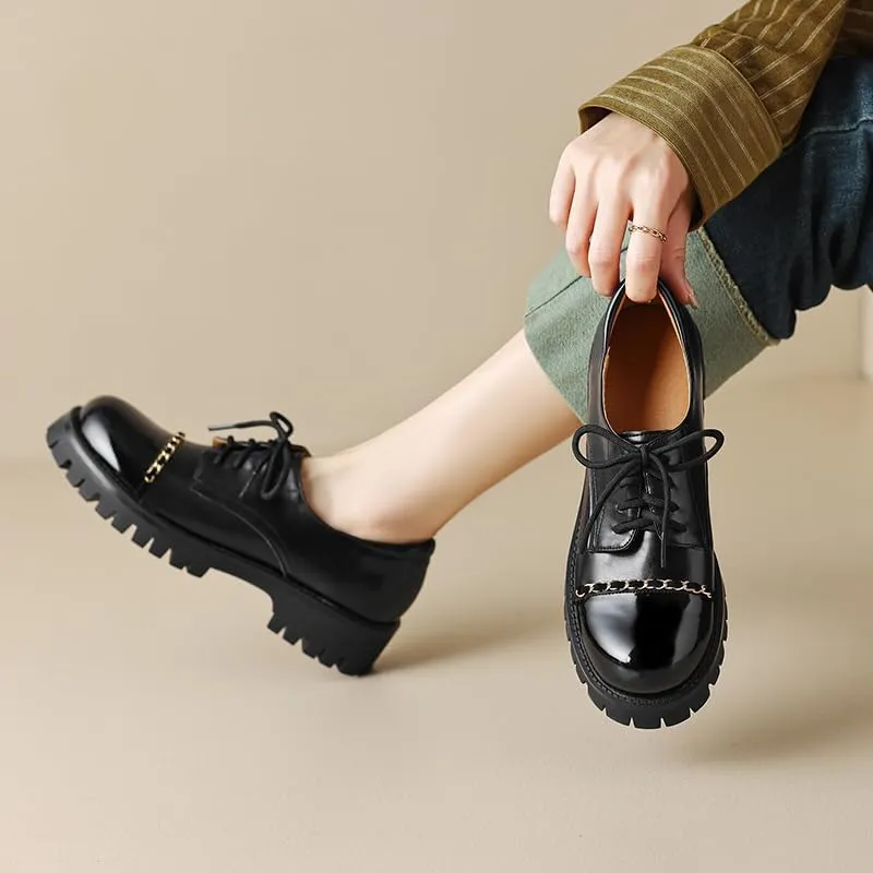 Elbslutt Platform Chunky Oxford Shoes for Women Classic Lace Up Dress Low Flat Heel Oxford Round Toe Leather Work Office Non Slip Dress Shoes Comfortable Casual Dress Oxford Shoes