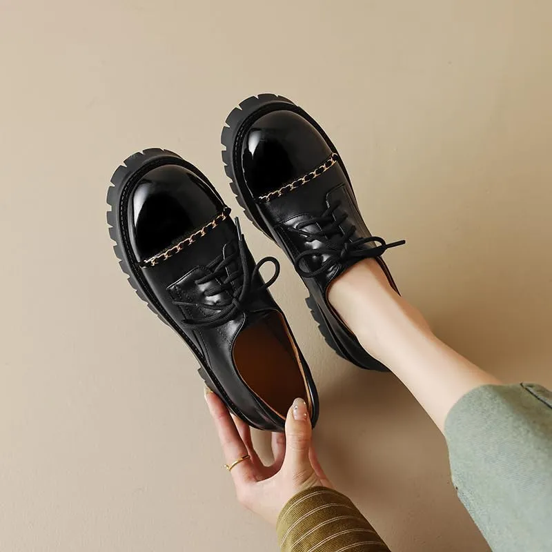 Elbslutt Platform Chunky Oxford Shoes for Women Classic Lace Up Dress Low Flat Heel Oxford Round Toe Leather Work Office Non Slip Dress Shoes Comfortable Casual Dress Oxford Shoes