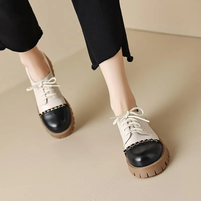 Elbslutt Platform Chunky Oxford Shoes for Women Classic Lace Up Dress Low Flat Heel Oxford Round Toe Leather Work Office Non Slip Dress Shoes Comfortable Casual Dress Oxford Shoes