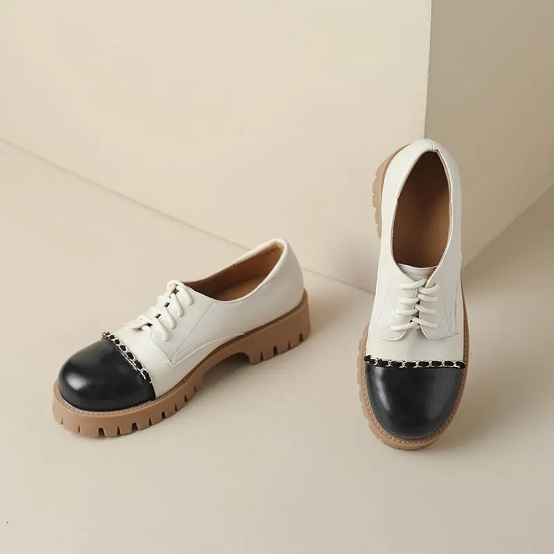 Elbslutt Platform Chunky Oxford Shoes for Women Classic Lace Up Dress Low Flat Heel Oxford Round Toe Leather Work Office Non Slip Dress Shoes Comfortable Casual Dress Oxford Shoes