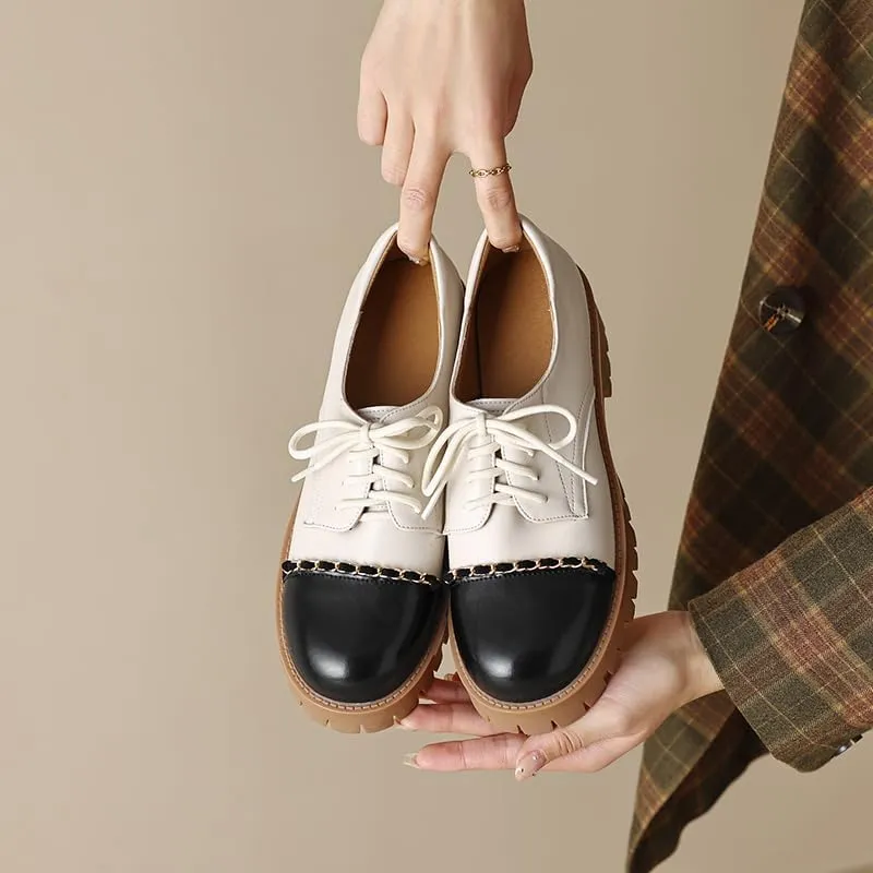 Elbslutt Platform Chunky Oxford Shoes for Women Classic Lace Up Dress Low Flat Heel Oxford Round Toe Leather Work Office Non Slip Dress Shoes Comfortable Casual Dress Oxford Shoes
