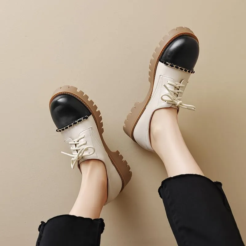 Elbslutt Platform Chunky Oxford Shoes for Women Classic Lace Up Dress Low Flat Heel Oxford Round Toe Leather Work Office Non Slip Dress Shoes Comfortable Casual Dress Oxford Shoes