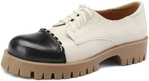 Elbslutt Platform Chunky Oxford Shoes for Women Classic Lace Up Dress Low Flat Heel Oxford Round Toe Leather Work Office Non Slip Dress Shoes Comfortable Casual Dress Oxford Shoes