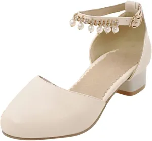 Flower Girls Dress Shoes Kids Closed Toe Chunky High Heels Ankle Strap Wedding Party Mary Jane Princess Sandals