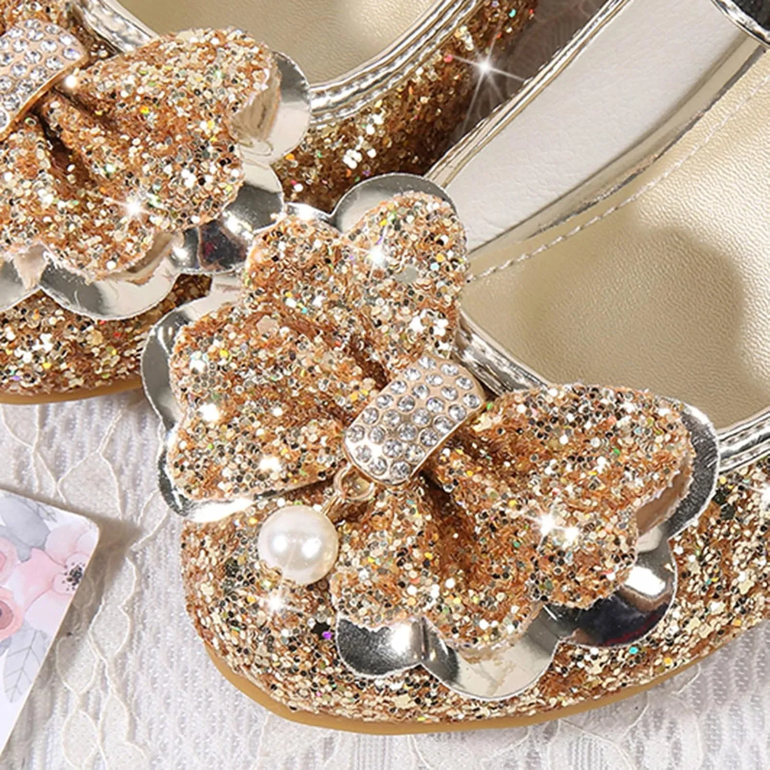 Flower Girls Glitter Mary Jane Dress Shoes Bridesmaid Crystal Bow Sandals for Wedding Little Girls House Slippers