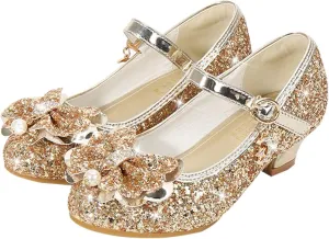 Flower Girls Glitter Mary Jane Dress Shoes Bridesmaid Crystal Bow Sandals for Wedding Little Girls House Slippers