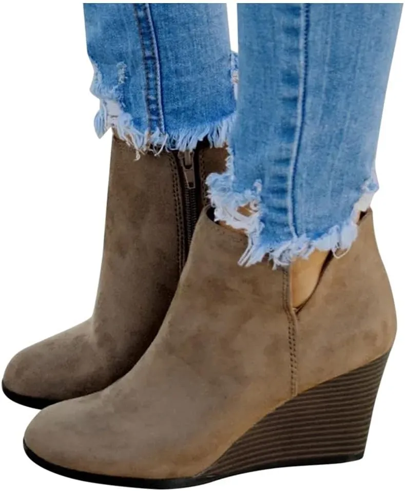 Gibobby Boots for Women Low Heel Wedge Ankle Boots V Cut Fall Dressing Stacked Chunky Heel Short Booties Casual Shoes