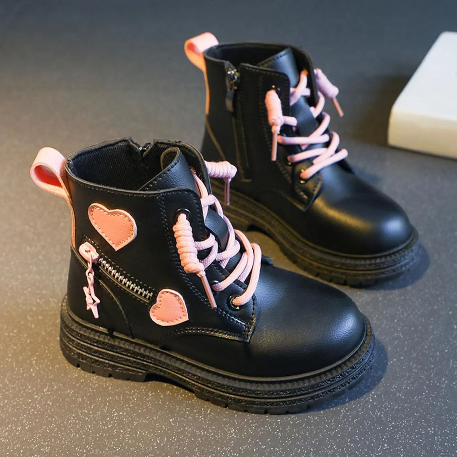 Girls Ankle Boots Cute Combat Boots Lace up Non-Slip Short Boots Side Zipper Ankle Booties Toddler Little Kid Big Kid