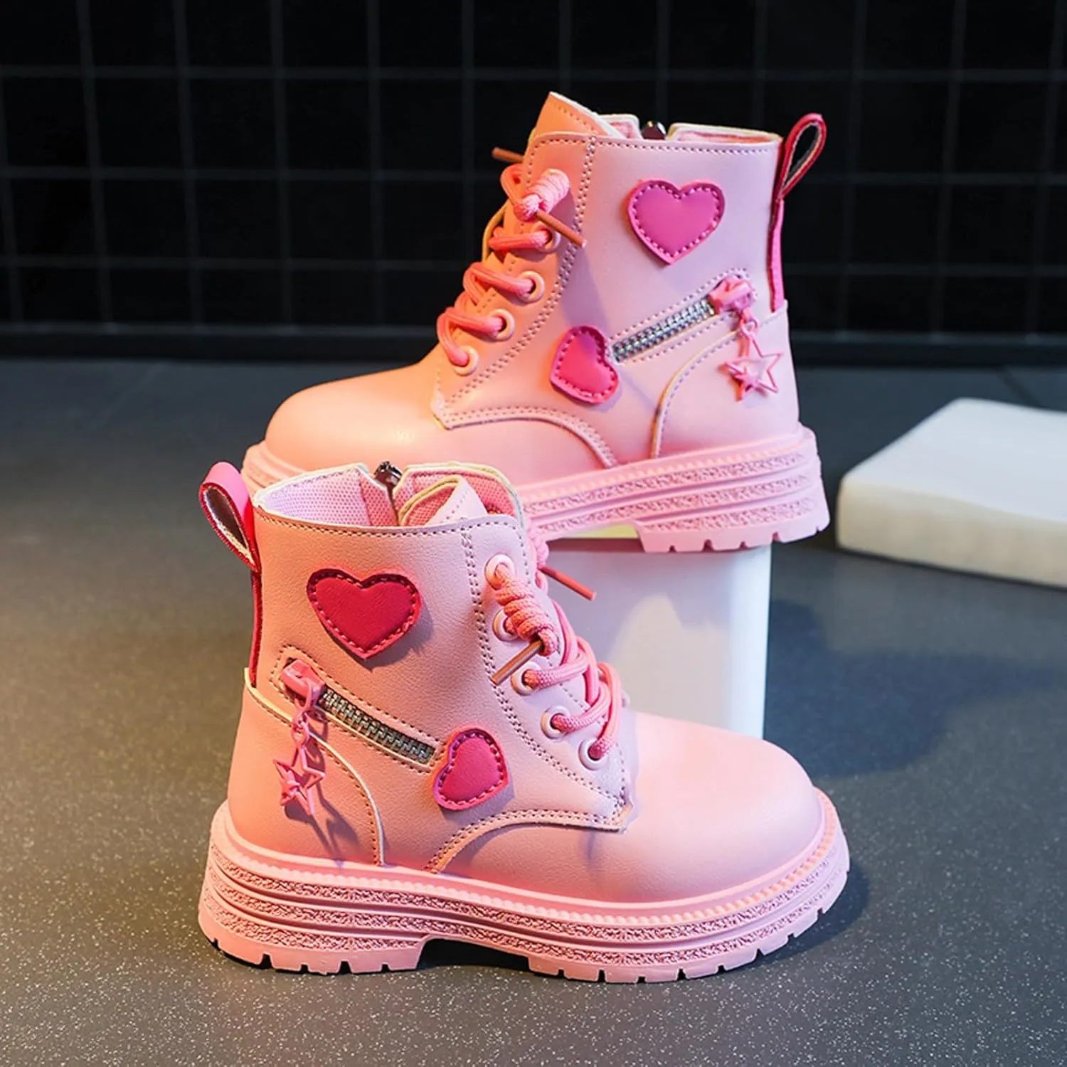 Girls Ankle Boots Cute Combat Boots Lace up Non-Slip Short Boots Side Zipper Ankle Booties Toddler Little Kid Big Kid