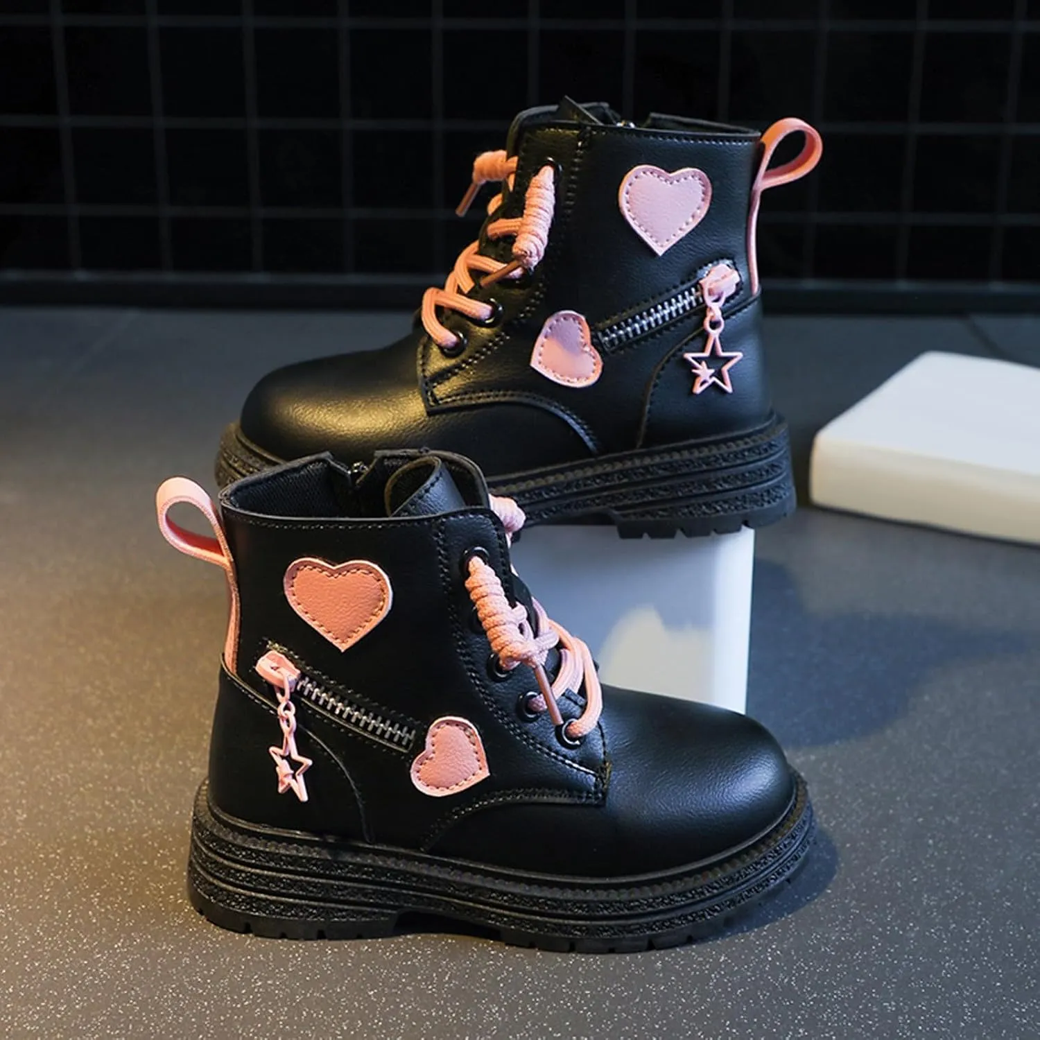 Girls Ankle Boots Cute Combat Boots Lace up Non-Slip Short Boots Side Zipper Ankle Booties Toddler Little Kid Big Kid