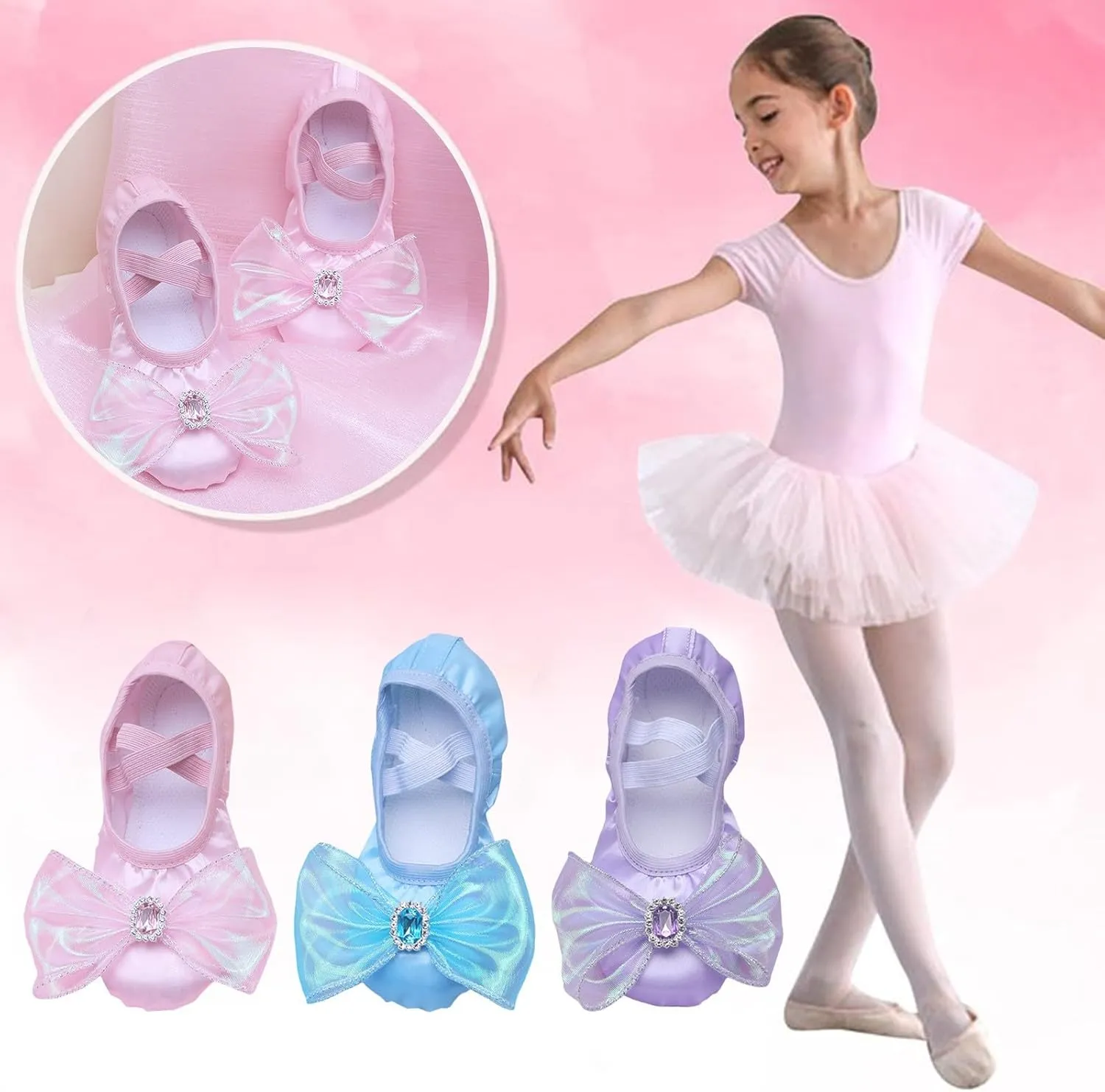 Girls Ballet Shoes Cute Rhinestone Bowknot Dance Slippers Toddler Kids Indoor Yoga Canvas Dancing Performance Shoes