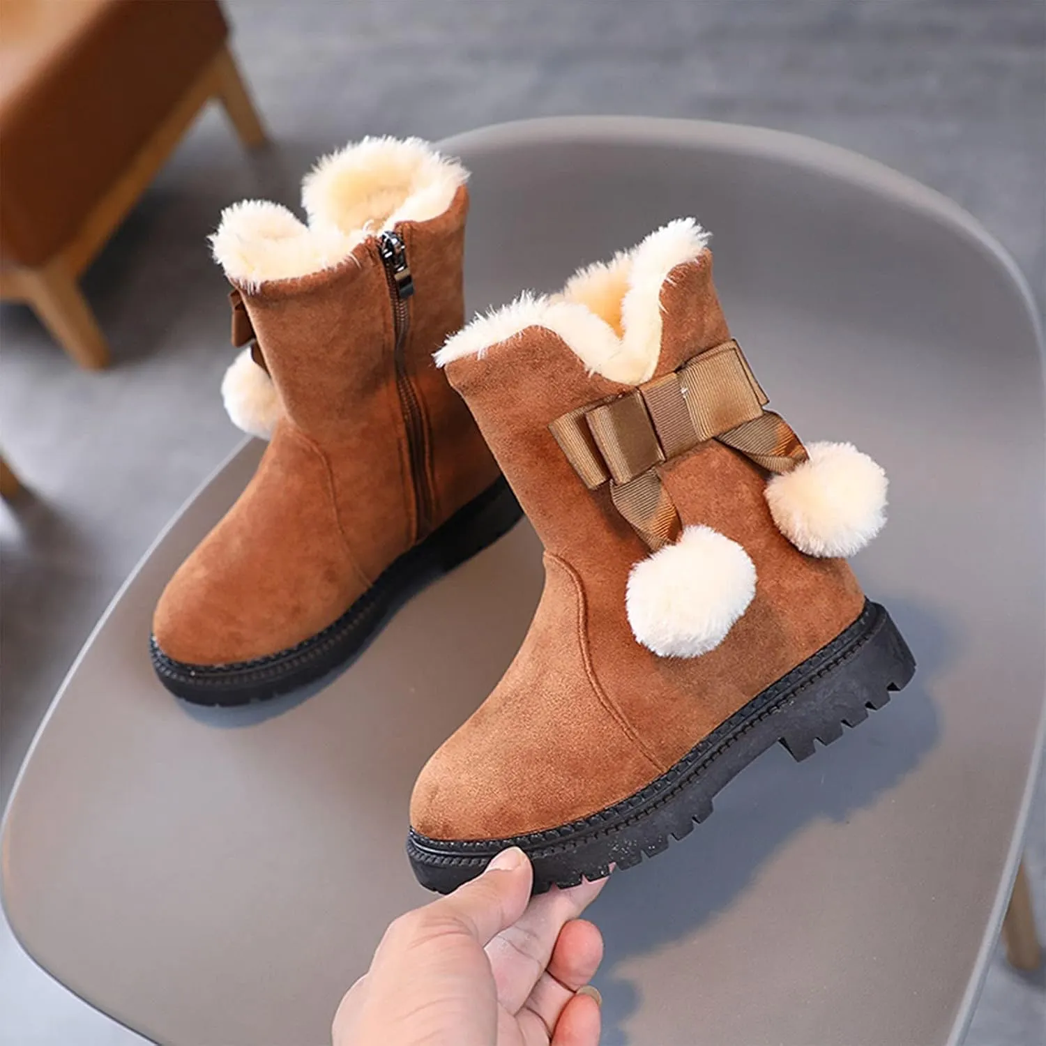 Girls Boots Kids Boys Winter Warm Snow Suede Mid Calf Boots Faux Fur Lined Low Heel Snow Boots for Toddler/Little Kid
