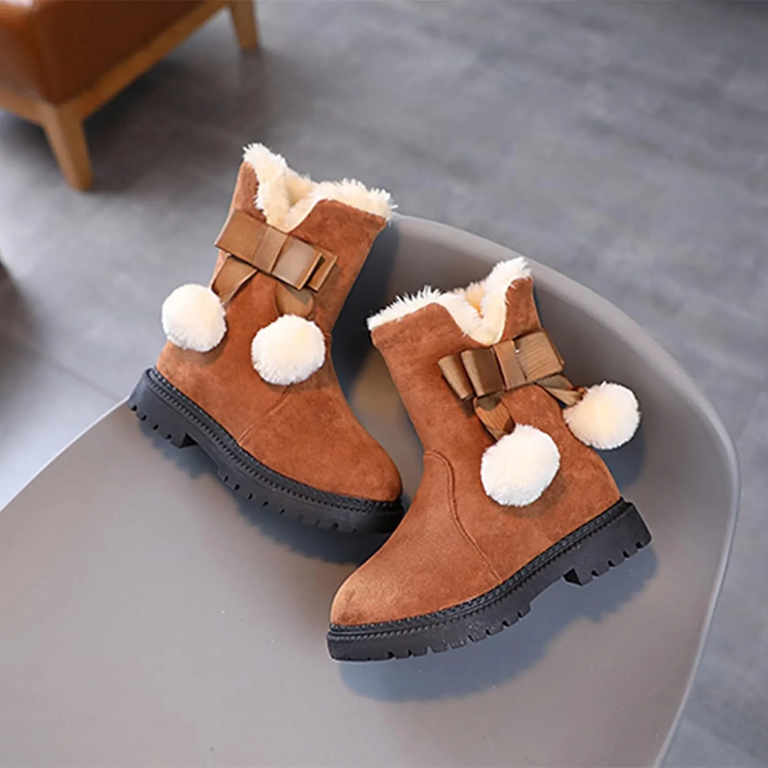 Girls Boots Kids Boys Winter Warm Snow Suede Mid Calf Boots Faux Fur Lined Low Heel Snow Boots for Toddler/Little Kid