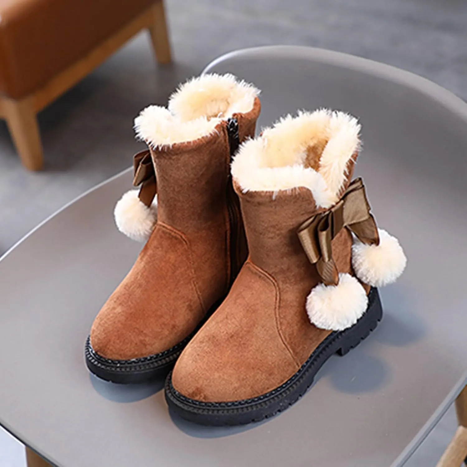 Girls Boots Kids Boys Winter Warm Snow Suede Mid Calf Boots Faux Fur Lined Low Heel Snow Boots for Toddler/Little Kid
