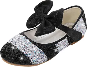 Girls Dress Shoes Glitter Wedding Prom Mary Jane Sparkly Ballet Flats for Kids Bow Princess Shoes for Dress-Up Party