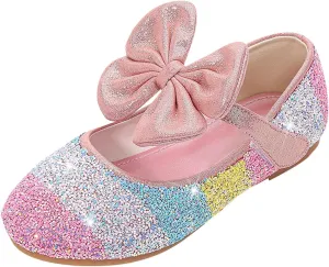 Girls Dress Shoes Glitter Wedding Prom Mary Jane Sparkly Ballet Flats for Kids Bow Princess Shoes for Dress-Up Party